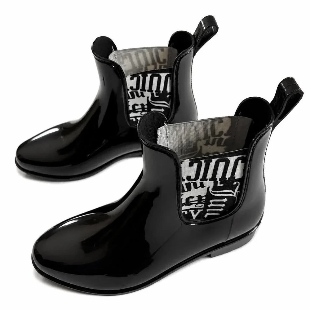 JUICY COUTURE Rain Boots Womens 7 Black Patent Ankle Chelsea Booties Logo NWOT